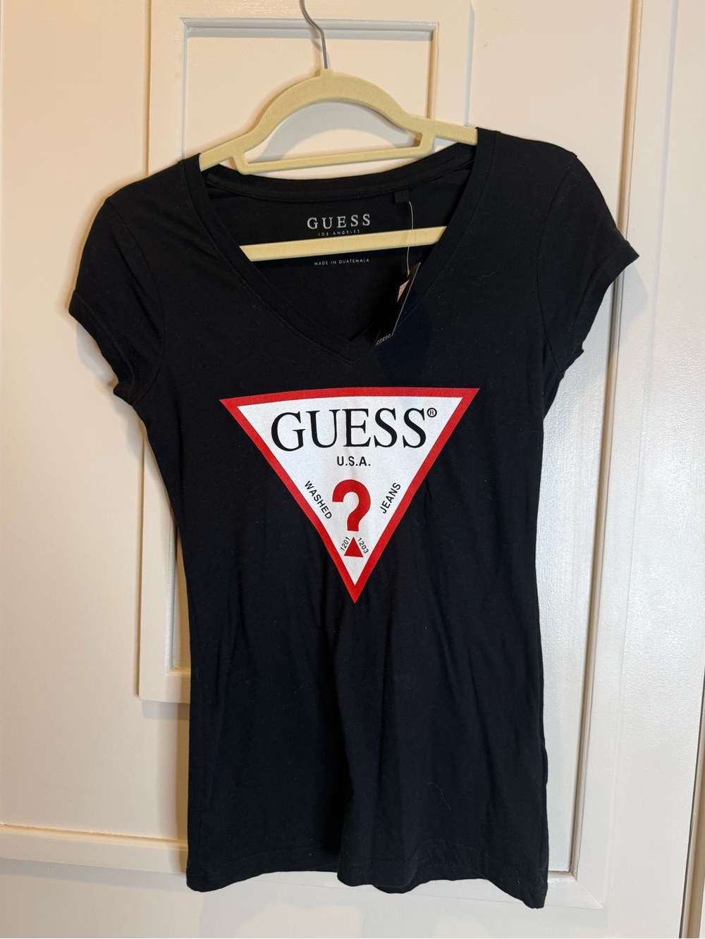 Guess Black Short Sleeve V-Neck Tee with Red & White Triangle Logo